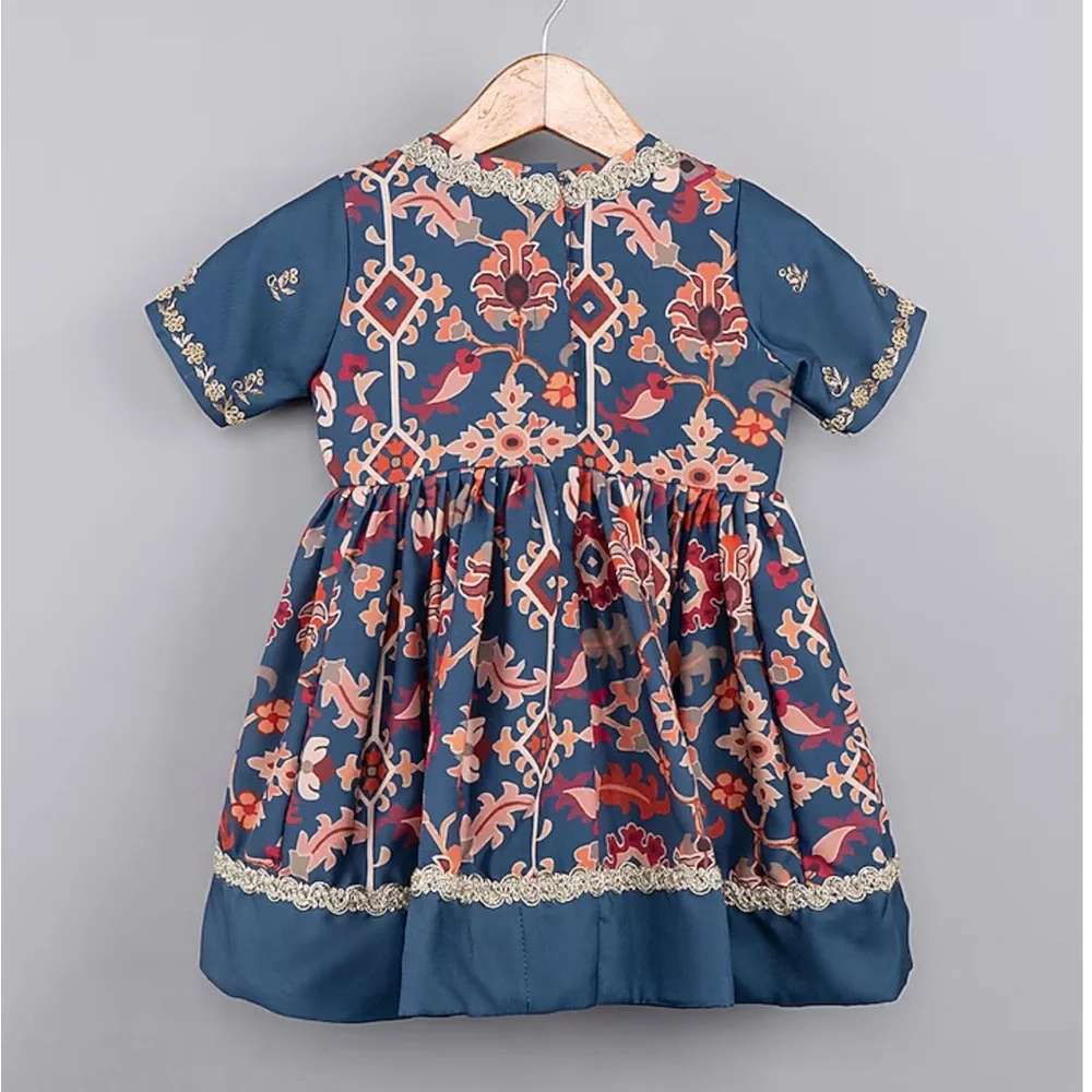 RARE Little Brats Sapphire Maheshwari Silk Ikat Embroidered Gown - Size 1-2 - Picture 2 of 9